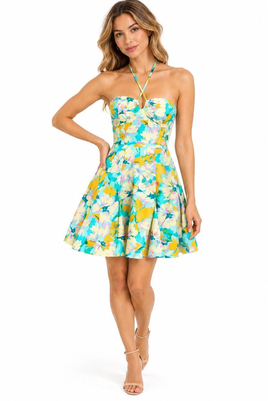 NWT Olivaceous Claudia Floral Halter Fit & Flare Mini Dress Size Small New